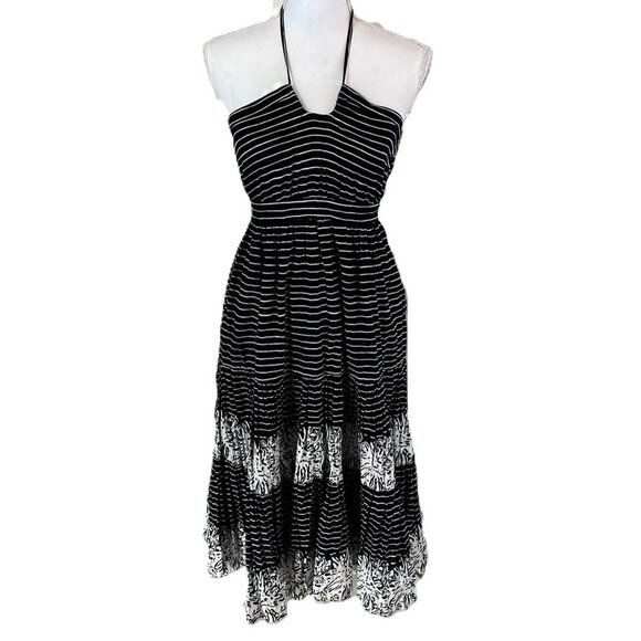 Boho Vintage Halter Midi Dress-Black / White Stripes & Abstract Floral Border - Picture 1 of 16